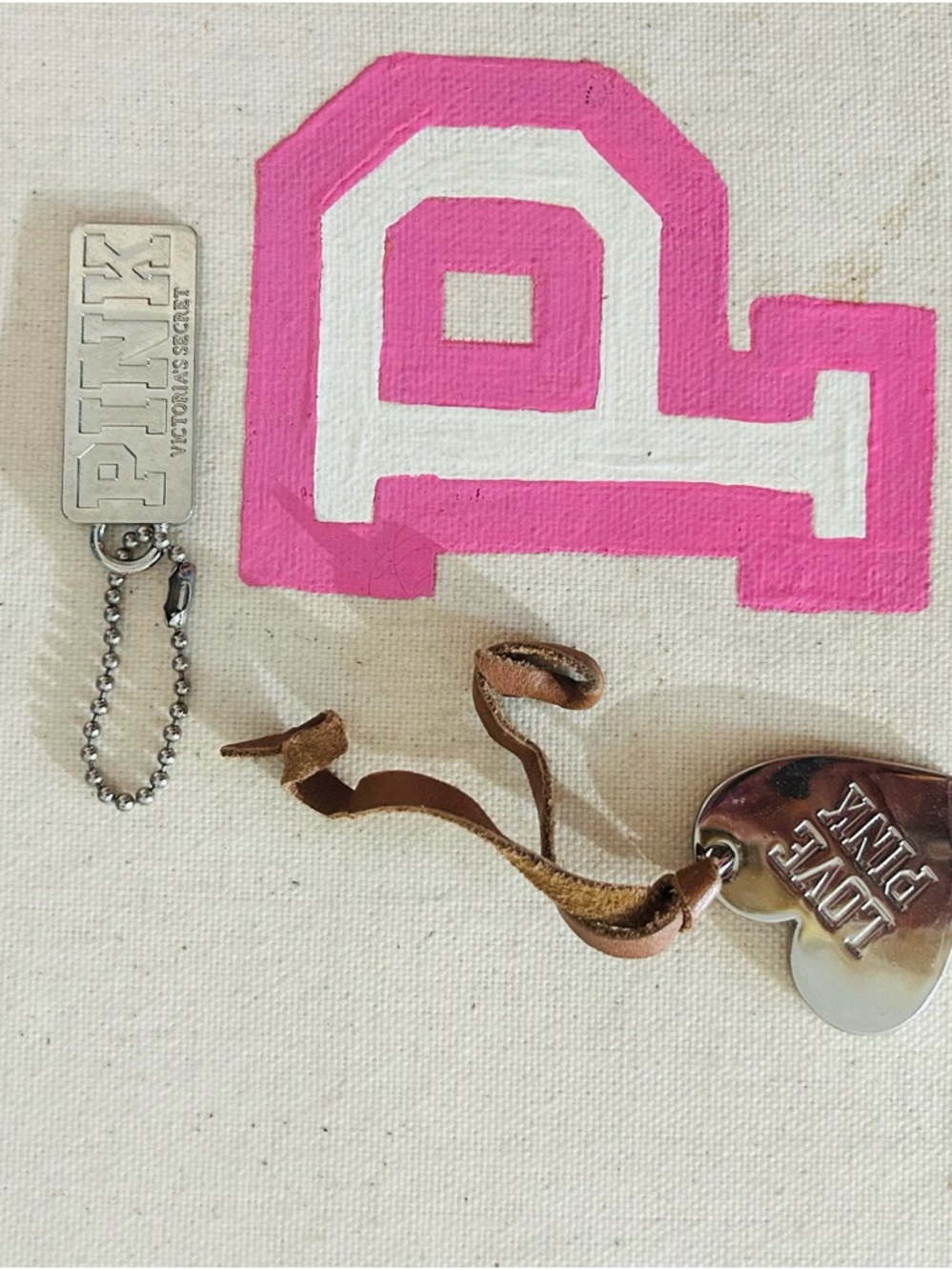 PINK Silver Logo & Heart Charm Keychain with Leather Strap